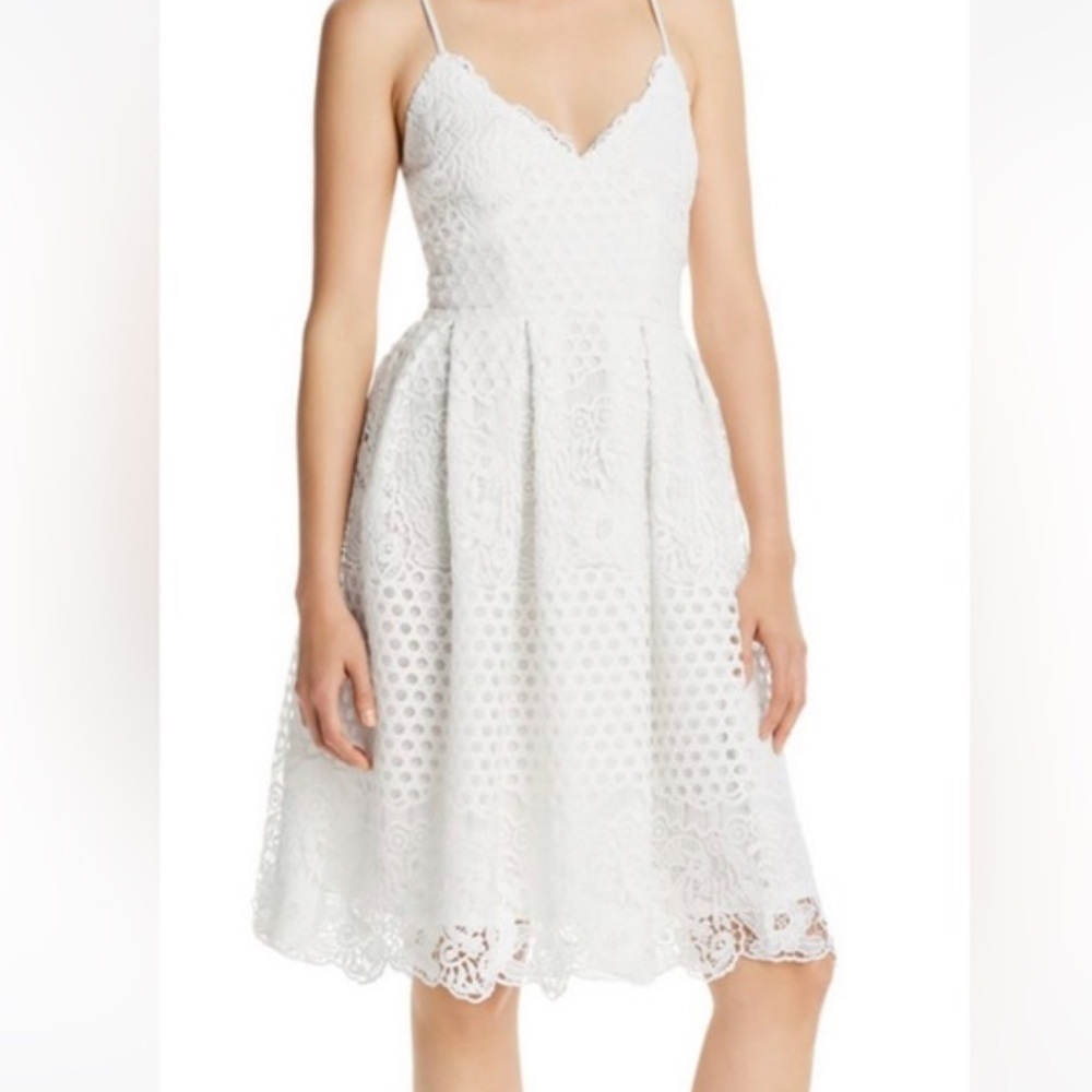 NWT Aqua bloomingdale’s exclusive Floral Crocheted Pleated Fit And Flare Dress